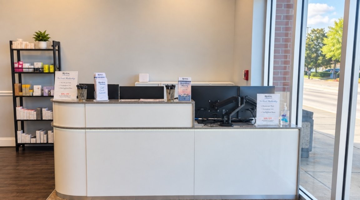 Reveal front desk with product shelves and natural light from the storefront windows